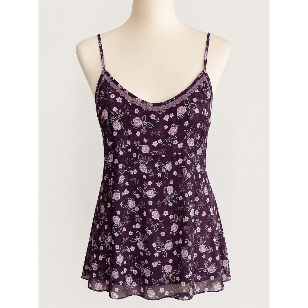 Y2K Victoria's Secret Sleep Top Women L Purple Floral Sheer Lace Trim Babydoll
